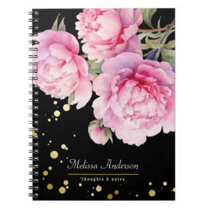 watercolor Peonies floral Elegant Black Gold Notebook