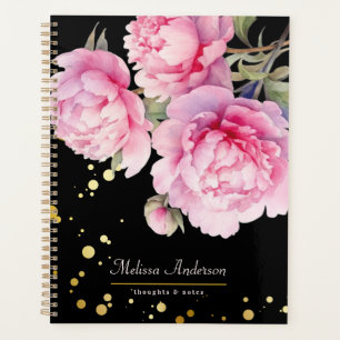 watercolor Peonies floral Elegant Black Gold Planner