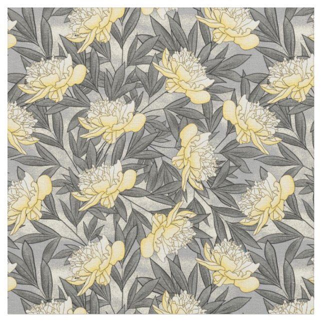 Watercolor Peonies Floral Pattern Yellow | Grey Fabric (Close Up)