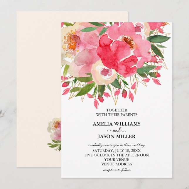 Watercolor Peonies Floral Wedding Invitations (Front/Back)
