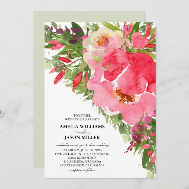 Watercolor Peonies Floral Wedding Invitations (Front/Back)