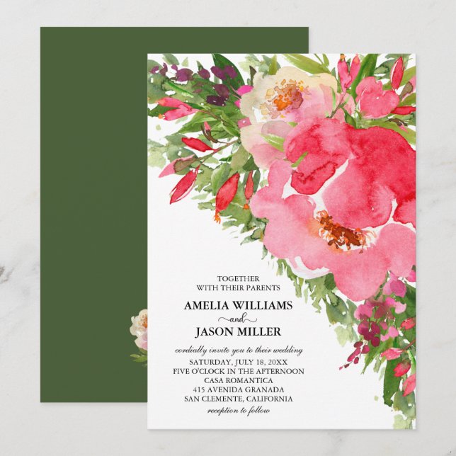 Watercolor Peonies Floral Wedding Invitations (Front/Back)