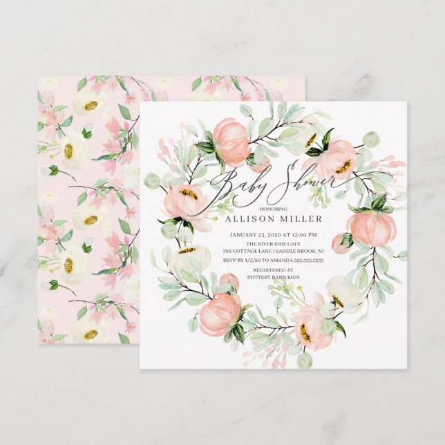 Watercolor Peonies Floral Wreath Baby Shower Invitation (Front/Back)