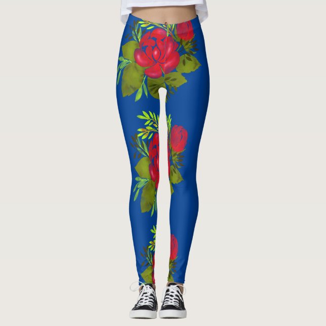Watercolor Peonies Folk Leggings (Front)