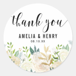 Watercolor Peonies Gold Foil Wedding Thank You Classic Round Sticker