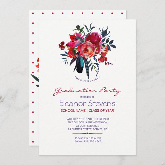 Watercolor peonies graduation party invitation (Front/Back)
