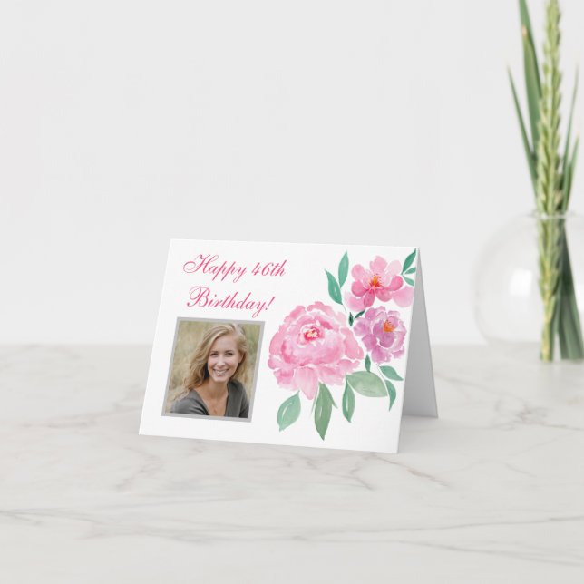 Watercolor Peonies Happy 46th Birthday Add Photo  Card (Front)