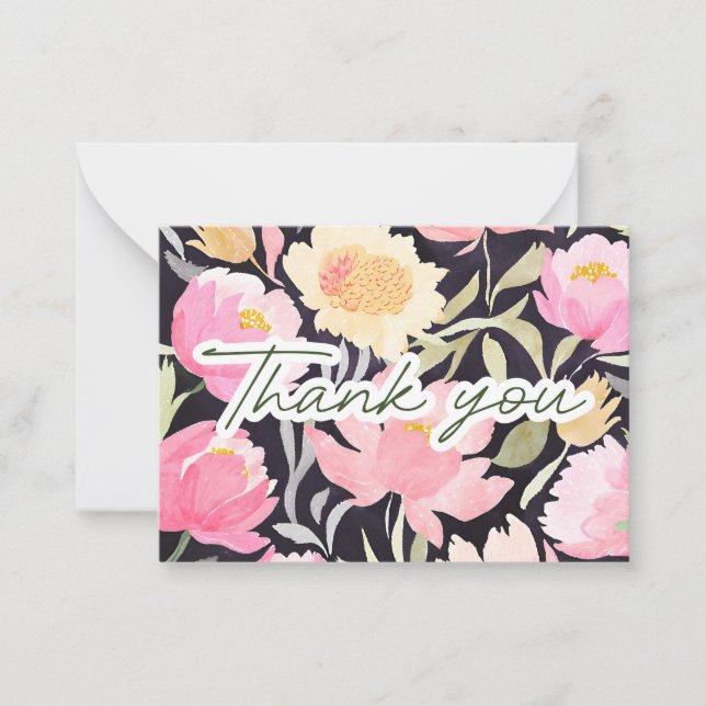 Watercolor Peonies of Gratitude Thank You Note Card (Front)