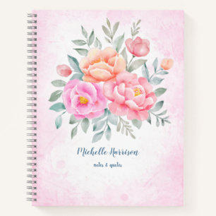 Watercolor Peonies Roses Pink Peach Floral Notebook