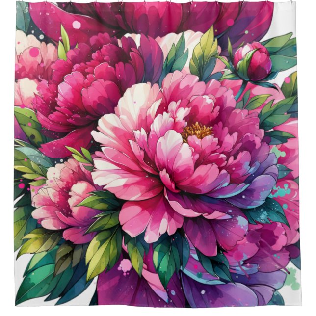  Watercolor Peonies Shower Curtain (Front)