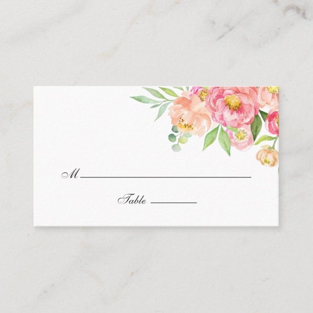 Watercolor Peonies Wedding Place Card (Front)