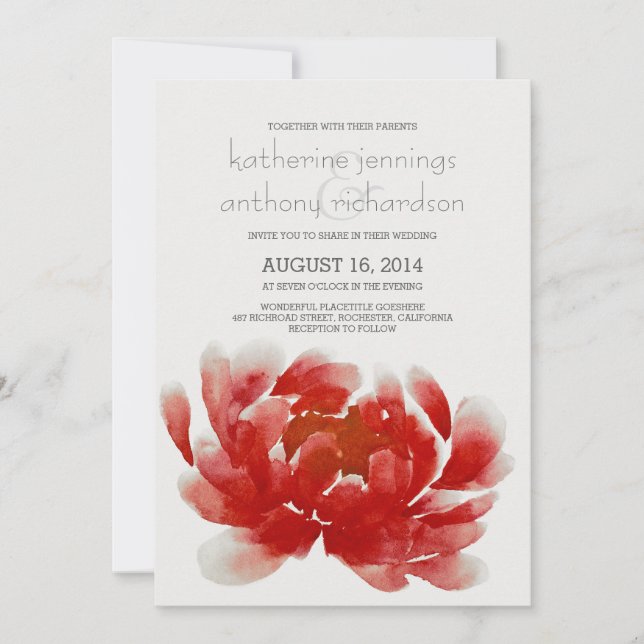 Watercolor peony blossom wedding invitations (Front)