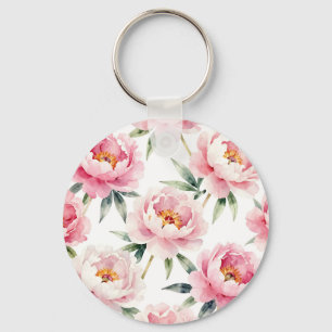 Watercolor Peony Blush Floral Pattern Key Ring