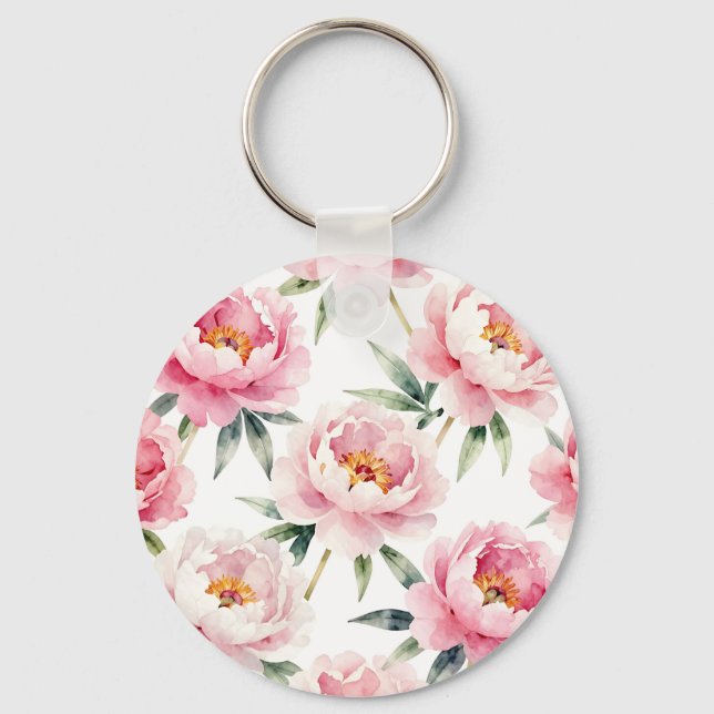 Watercolor Peony Blush Floral Pattern Key Ring (Front)