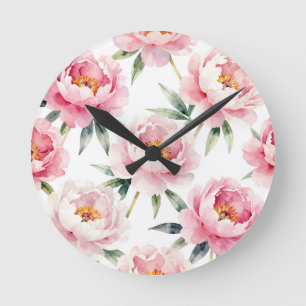 Watercolor Peony Blush Floral Pattern Round Clock
