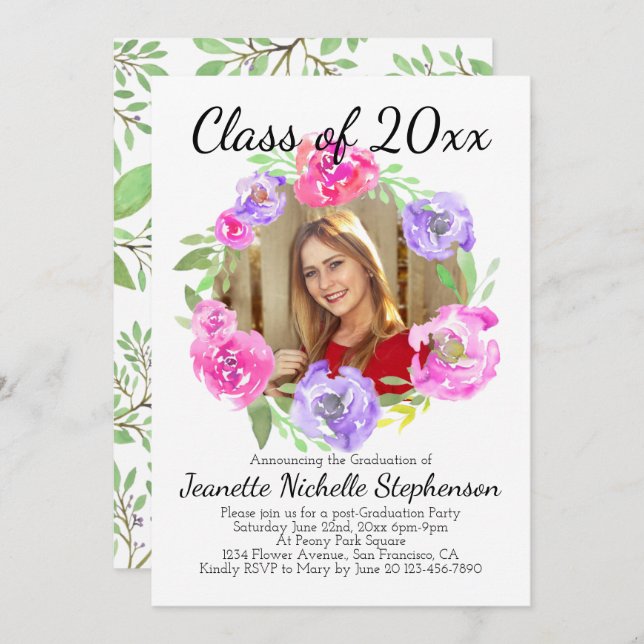 Watercolor Peony Classy Floral Photo Graduation Invitation (Front/Back)