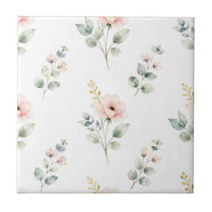 Watercolor Peony Eucalyptus Delicate Floral Tile