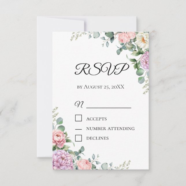 Watercolor Peony & Eucalyptus RSVP Card | Spring (Front)