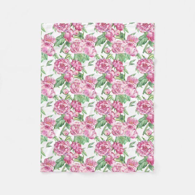 Watercolor peony field fleece blanket (Front)