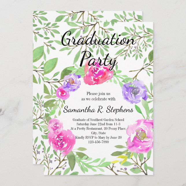 Watercolor Peony Floral Graduation Party Invitation (Front/Back)