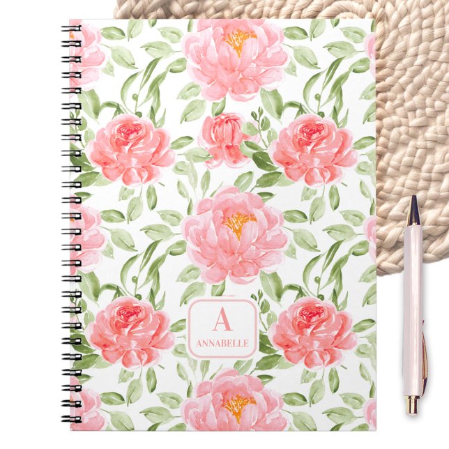 Watercolor Peony Floral Pattern Monogram Notebook (Watercolor Peony Floral Pattern Monogram Notebook)