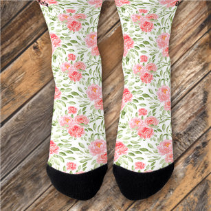 Watercolor Peony Floral Pattern Name Socks