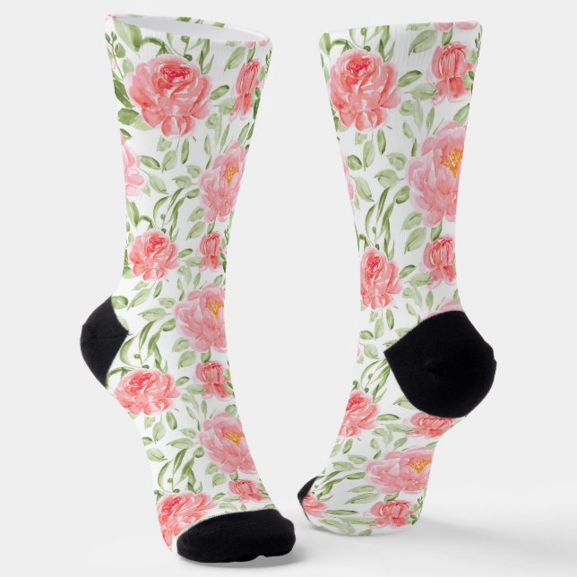 Watercolor Peony Floral Pattern Name Socks (Angled)