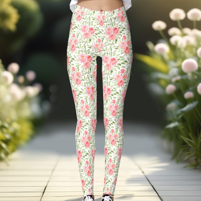 Watercolor Peony Floral Pattern Peach Leggings (Watercolor Peony Floral Pattern Peach Leggings)