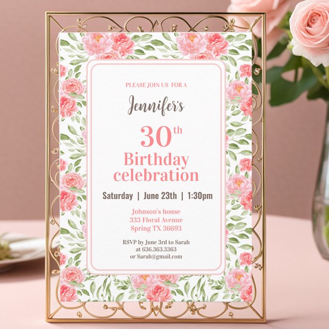 Watercolor Peony Floral Pink Peach 30th Birthday Invitation (Watercolor Peony Floral Pink Peach 30th Birthday Invitation)