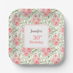 Watercolor Peony Floral Pink Peach 30th Birthday Paper Plate