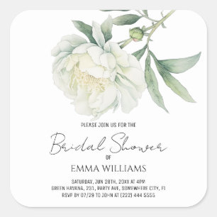 Watercolor Peony Flower Bridal Shower Square Sticker