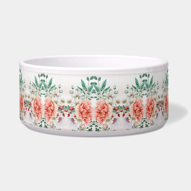 Watercolor Peony Flower Ceramic Pet Bowl (Front)