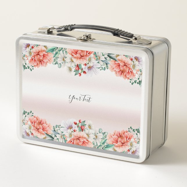 Watercolor Peony Flower Metal Lunchbox (Front)