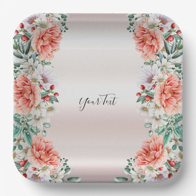 Watercolor Peony Flower Paper Plate (Front)