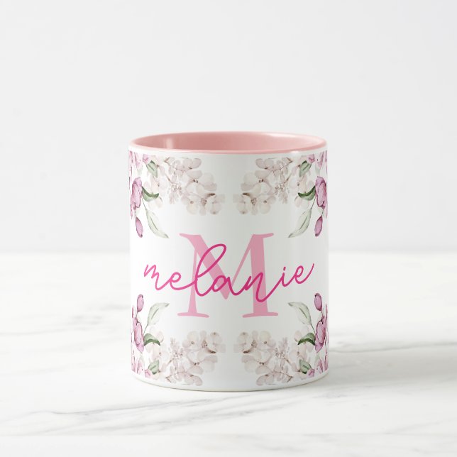 Watercolor Peony Flower Pink Peonies Name Monogram Mug (Center)