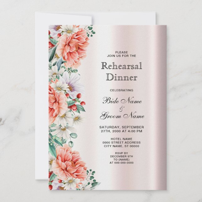 Watercolor Peony Flower Rehearsal Dinner Invitation (Front)