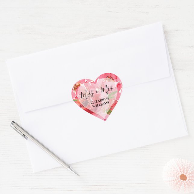 Watercolor Peony Flowers Bridal Shower Heart Sticker (Envelope)
