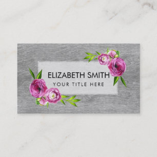 Watercolor Peony Flowers on grey Wood Business Card