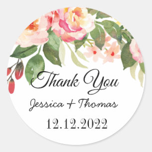 Watercolor Peony Flowers Thank You Wedding Favour  Classic Round Sticker