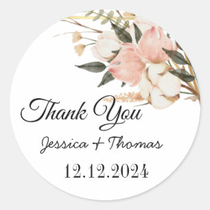 Watercolor Peony Flowers Thank You Wedding Favour Classic Round Sticker