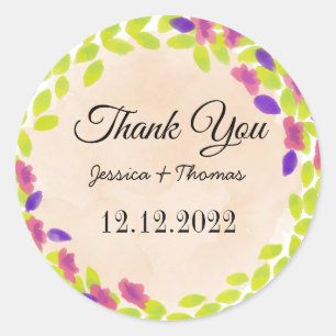 Watercolor Peony Flowers Thank You Wedding Favour Classic Round Sticker
