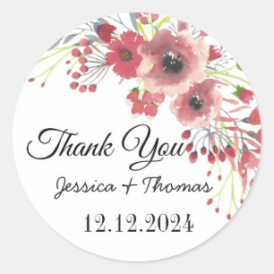 Watercolor Peony Flowers Thank You Wedding Favour Classic Round Sticker