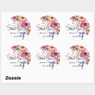 Watercolor Peony Flowers Thank You Wedding Favour  Classic Round Sticker