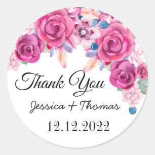 Watercolor Peony Flowers Thank You Wedding Favour Classic Round Sticker
