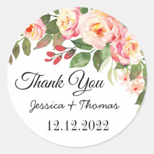 Watercolor Peony Flowers Thank You Wedding Favour  Classic Round Sticker