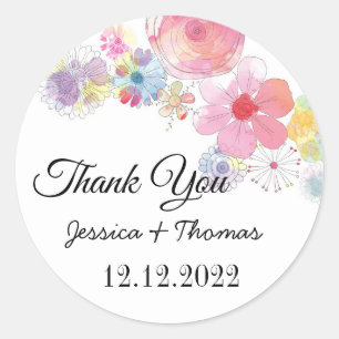 Watercolor Peony Flowers Thank You Wedding Favour Classic Round Sticker