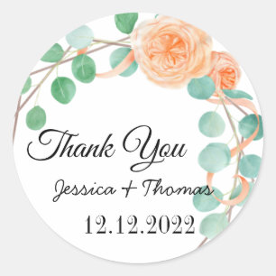 Watercolor Peony Flowers Thank You Wedding Favour Classic Round Sticker