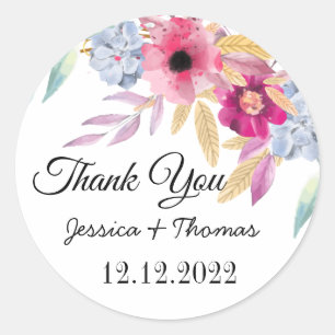Watercolor Peony Flowers Thank You Wedding Favour Classic Round Sticker