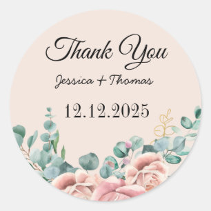 Watercolor Peony Flowers Thank You Wedding Favour Classic Round Sticker
