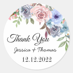 Watercolor Peony Flowers Thank You Wedding Favour  Classic Round Sticker